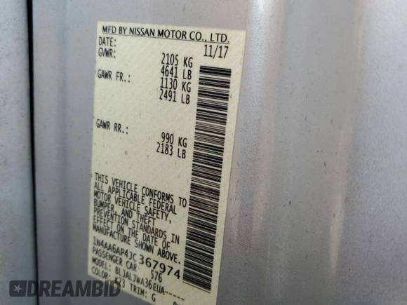 2018 Nissan Maxima SV with VIN 1N4AA6AP4JC367974, listed as a Copart auction lot 59281855 with 48,719 mi miles and Salvage title. Bid and sale history available at DreamBid. Image 13.