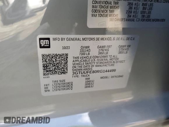 2024 GMC Sierra 1500 with VIN 3GTUUFE80RG144499, listed as a Copart auction lot 68990784 with 16,197 mi miles and Salvage Title. Bid and sale history available at DreamBid. Image 12.