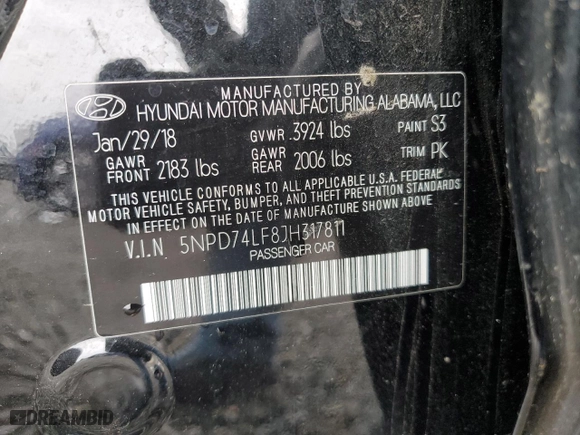 2018 Hyundai Elantra SE with VIN 5NPD74LF8JH317811, listed as a Copart auction lot 50036305 with 43,569 mi miles and Salvage Title. Bid and sale history available at carsss.com. Image 12.