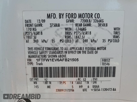 2010 Ford F-150 XL z VIN 1FTFW1EV6AFB21505, wystawiony jako Copart lot #45311265 z przebiegiem 147 928 mil mil oraz Szkoda całkowita • Salvage title. Historia ofert i sprzedaży dostępna na DreamBid. Obrazek 12.