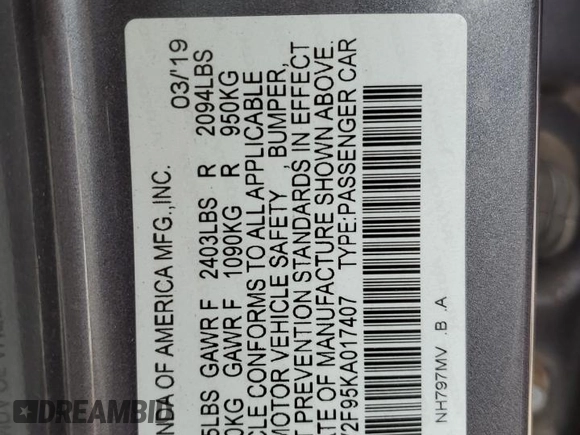 2019 Honda Accord Touring with VIN 1HGCV2F95KA017407, listed as a Copart auction lot 58015325 with 252,387 mi miles and Salvage title. Bid and sale history available at DreamBid. Image 12.