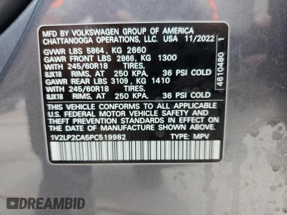 2023 Volkswagen Atlas SE с VIN 1V2LP2CA5PC519982, выставлен на аукционе Copart как лот 55329955 с пробегом 53 475 миль миль и Списание • Salvage title. История ставок и продаж доступна на DreamBid. Изображение 13.
