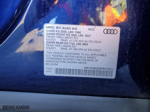 2023 Audi e-tron Prestige with VIN WA1VABGE5PB010922, listed as a Copart auction lot 51646474 with NaN miles. Bid and sale history available at carsss.com. Image 12.