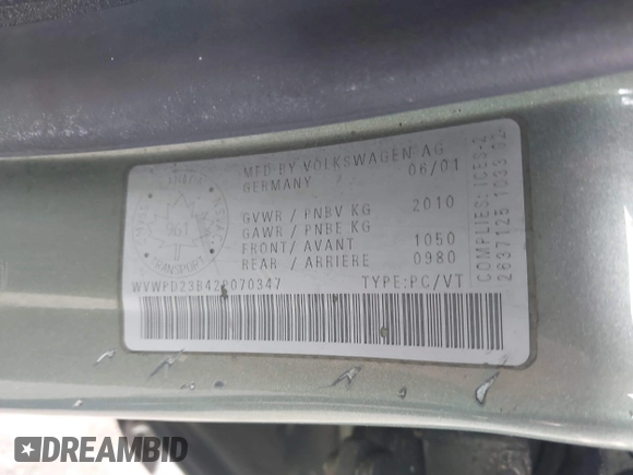 2002 Volkswagen Passat z VIN WVWPD23B42P070347, wystawiony jako IAAI lot #41546173 z przebiegiem 303 916 mil mil oraz . Historia ofert i sprzedaży dostępna na DreamBid. Obrazek 9.