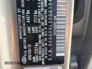 2016 Kia Optima EX with VIN 5XXGU4L30GG104013, listed as a Copart auction lot 54220105 with 120,073 mi miles and Salvage Title. Bid and sale history available at carsss.com. Image 12.