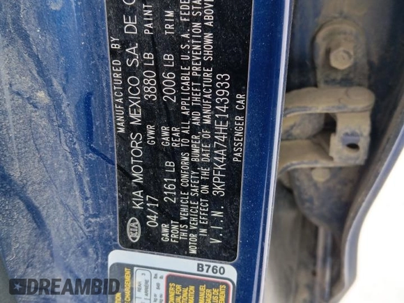 2017 Kia Forte LX with VIN 3KPFK4A74HE143933, listed as a Copart auction lot 49479375 with 89,329 mi miles and Salvage Title. Bid and sale history available at carsss.com. Image 12.