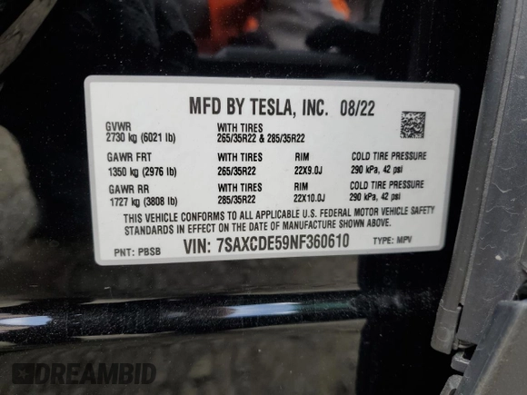2022 Tesla Model X with VIN 7SAXCDE59NF360610, listed as a Copart auction lot 52575365 with 51,557 mi miles and Salvage Title. Bid and sale history available at carsss.com. Image 12.
