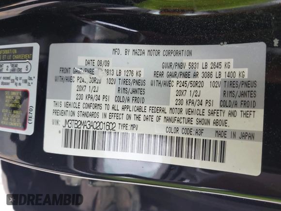 2010 Mazda CX-9 Grand Touring with VIN JM3TB2MA3A0201602, listed as a IAAI auction lot 42463599 with 331,533 mi miles and . Bid and sale history available at DreamBid. Image 9.