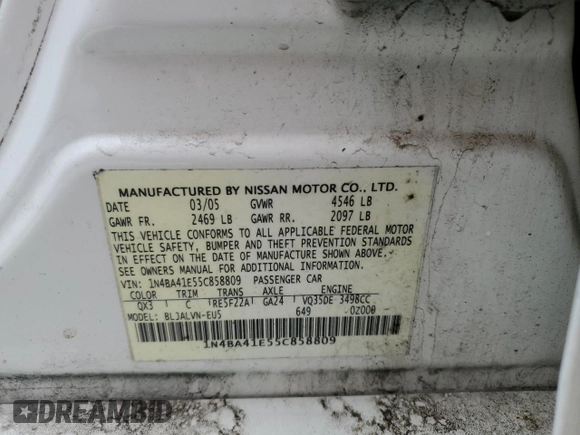2005 Nissan Maxima 3.5 SL with VIN 1N4BA41E55C858809, listed as a Copart auction lot 43243945 with 0 mi miles and Salvage Title. Bid and sale history available at carsss.com. Image 12.