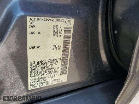 2014 Nissan Altima S with VIN 1N4AL3AP8EC133254, listed as a Copart auction lot 48741125 with 125,418 mi miles and Salvage Title. Bid and sale history available at DreamBid. Image 14.