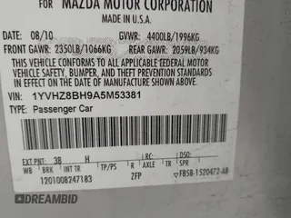2010 Mazda 6 i Sport with VIN 1YVHZ8BH9A5M53381, listed as a IAAI auction lot 41824441 with 226,573 mi miles. Bid and sale history available at carsss.com. Image 9.