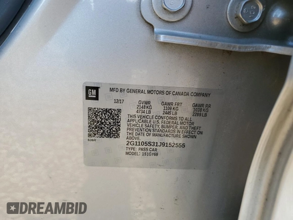 2018 Chevrolet Impala LT z VIN 2G1105S31J9152555, wystawiony jako Copart lot #58318585 z przebiegiem 117 375 mil mil oraz Szkoda całkowita • Salvage title. Historia ofert i sprzedaży dostępna na DreamBid. Obrazek 12.