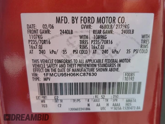 2006 Ford Escape Hybrid with VIN 1FMCU95H06KC87630, listed as a Copart auction lot 54201185 with 75,417 mi miles and Clean title. Bid and sale history available at DreamBid. Image 13.
