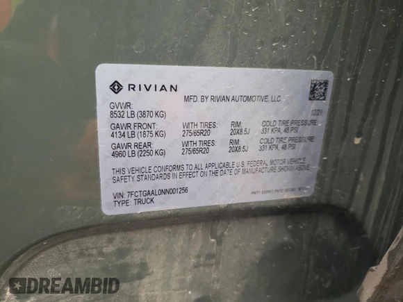 2022 Rivian R1T Launch Edition z VIN 7FCTGAAL0NN001256, wystawiony jako Copart lot #55850845 z przebiegiem 49 236 mil mil oraz Szkoda całkowita • Salvage title. Historia ofert i sprzedaży dostępna na DreamBid. Obrazek 12.