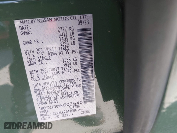 2024 Nissan Frontier SL with VIN 1N6ED1EJ0RN602640, listed as a IAAI auction lot 42465622 with 29,368 mi miles and . Bid and sale history available at DreamBid. Image 9.