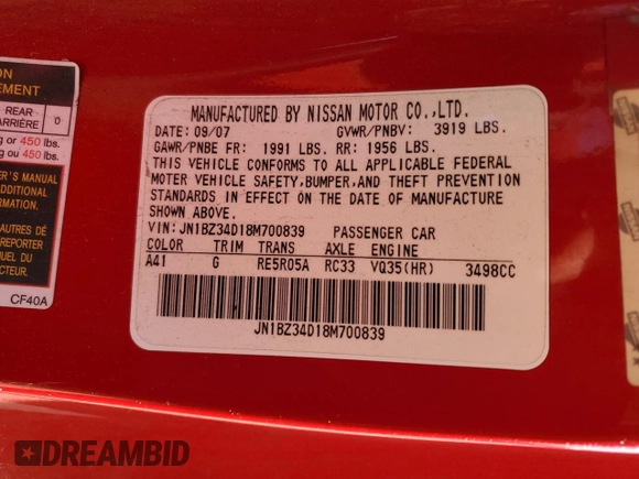 2008 Nissan 350Z Touring z VIN JN1BZ34D18M700839, wystawiony jako Copart lot #80797034 z przebiegiem 145 093 mil mil oraz Szkoda całkowita • Salvage title. Historia ofert i sprzedaży dostępna na DreamBid. Obrazek 12.