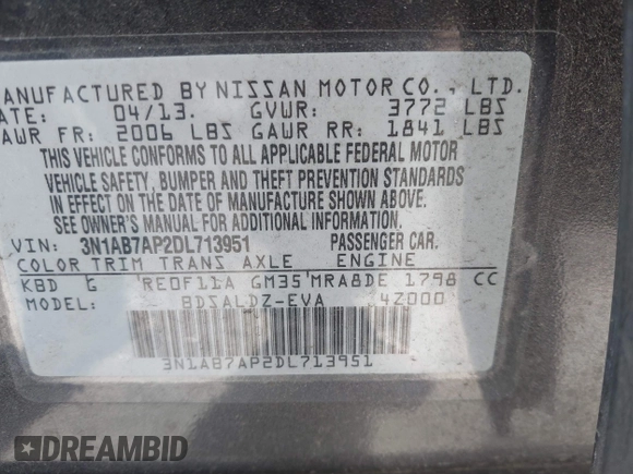 2013 Nissan Sentra SV with VIN 3N1AB7AP2DL713951, listed as a IAAI auction lot 41735725 with 65,703 mi miles. Bid and sale history available at carsss.com. Image 9.
