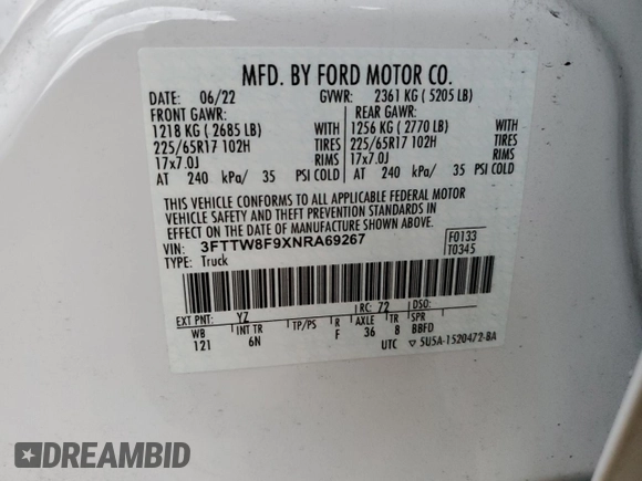 2022 Ford Maverick XL with VIN 3FTTW8F9XNRA69267, listed as a Copart auction lot 48227745 with 15,628 mi miles and Salvage Title. Bid and sale history available at DreamBid. Image 15.
