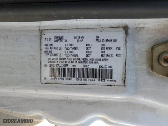 1998 Dodge Ram 1500 with VIN 1B7HC13Z7WJ126885, listed as a Copart auction lot 48674135 with 264,080 mi miles and Salvage Title. Bid and sale history available at carsss.com. Image 12.
