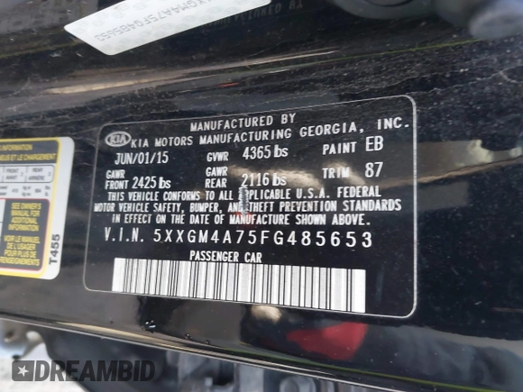 2015 Kia Optima LX with VIN 5XXGM4A75FG485653, listed as a IAAI auction lot 41082053 with 167,649 mi miles. Bid and sale history available at carsss.com. Image 9.