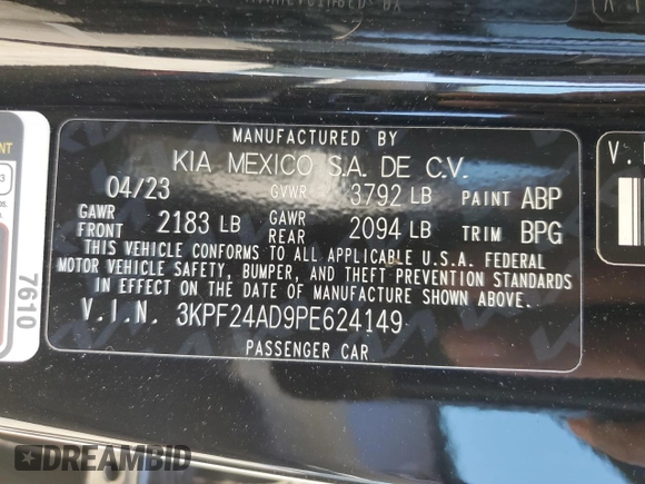 2023 Kia Forte LXS with VIN 3KPF24AD9PE624149, listed as a Copart auction lot 48922915 with 22,648 mi miles and Salvage Title. Bid and sale history available at carsss.com. Image 14.