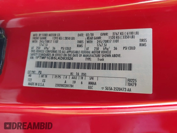 2020 Ford F-150 XL with VIN 1FTMF1CB5LKD83526, listed as a IAAI auction lot 40717113 with 54,070 mi miles and . Bid and sale history available at carsss.com. Image 9.