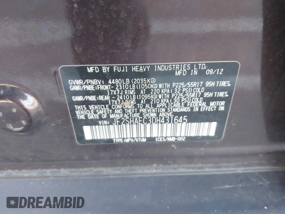 2013 Subaru Forester X Limited с VIN JF2SHAEC3DH431645, выставлен на аукционе IAAI как лот 41790458 с пробегом 136 250 миль миль и . История ставок и продаж доступна на DreamBid. Изображение 9.