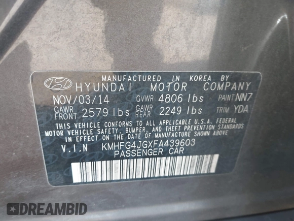 2015 Hyundai Azera with VIN KMHFG4JGXFA439603, listed as a IAAI auction lot 42157274 with 135,990 mi miles and . Bid and sale history available at carsss.com. Image 9.