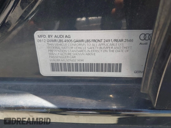 2013 Audi A4 Premium z VIN WAUBFAFL5DN021494, wystawiony jako IAAI lot #42467109 z przebiegiem 96 352 mil mil oraz . Historia ofert i sprzedaży dostępna na DreamBid. Obrazek 9.