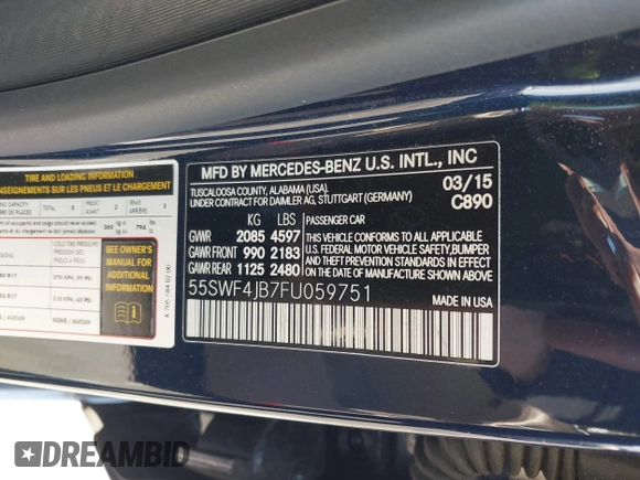 2015 Mercedes-Benz C 300 with VIN 55SWF4JB7FU059751, listed as a IAAI auction lot 42039373 with 59,625 mi miles and . Bid and sale history available at DreamBid. Image 9.
