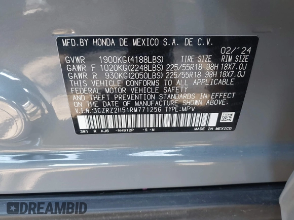 2024 Honda HR-V Sport z VIN 3CZRZ2H51RM771256, wystawiony jako IAAI lot #42051986 z przebiegiem 14 209 mil mil oraz . Historia ofert i sprzedaży dostępna na DreamBid. Obrazek 9.