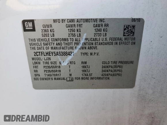 2010 GMC Terrain SLT-2 with VIN 2CTFLHEY5A6388421, listed as a Copart auction lot 50199415 with Not Provided miles and Salvage Title. Bid and sale history available at carsss.com. Image 14.