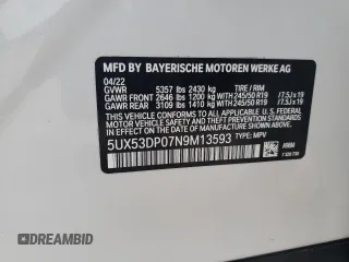 2022 BMW X3 xDrive30i with VIN 5UX53DP07N9M13593, listed as a Copart auction lot 44557635 with Not Provided miles and Salvage Title. Bid and sale history available at DreamBid. Image 13.