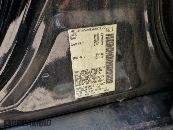2015 Nissan Altima SL with VIN 1N4BL3AP1FC154307, listed as a Copart auction lot 54952535 with 117,117 mi miles and Salvage Title. Bid and sale history available at carsss.com. Image 12.