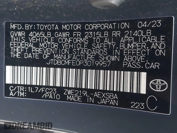 2023 Toyota Corolla Hybrid LE with VIN JTDBCMFE0P3019957, listed as a IAAI auction lot 42015785 with 58,934 mi miles and . Bid and sale history available at carsss.com. Image 9.