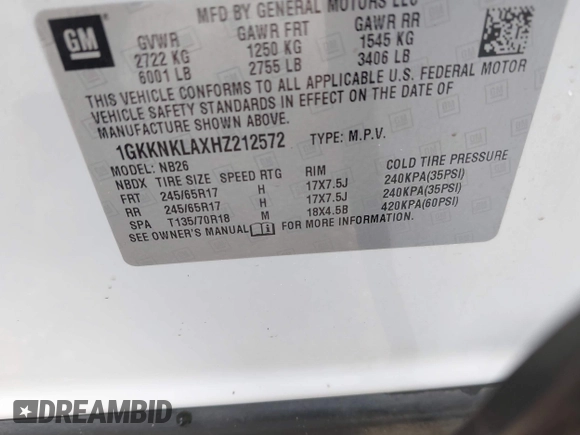 2017 GMC Acadia SLE z VIN 1GKKNKLAXHZ212572, wystawiony jako IAAI lot #42385441 z przebiegiem 127 974 mil mil oraz . Historia ofert i sprzedaży dostępna na DreamBid. Obrazek 9.
