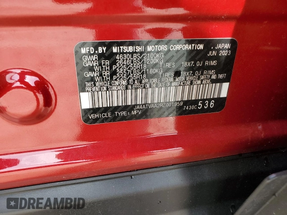 2024 Mitsubishi Eclipse Cross LE с VIN JA4ATVAA2RZ001959, выставлен на аукционе Copart как лот 63293475 с пробегом 13 617 миль миль и Списание • Salvage title. История ставок и продаж доступна на DreamBid. Изображение 13.