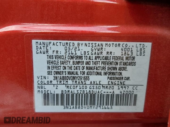 2021 Nissan Sentra SR with VIN 3N1AB8DV0MY291665, listed as a Copart auction lot 55495255 with 55,123 mi miles and Non Repairable. Bid and sale history available at DreamBid. Image 13.