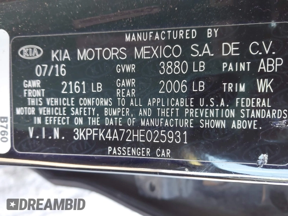 2017 Kia Forte LX with VIN 3KPFK4A72HE025931, listed as a IAAI auction lot 41489215 with 128,139 mi miles. Bid and sale history available at carsss.com. Image 9.