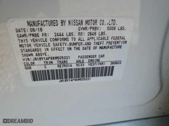 2019 Infiniti Q70 3.7 LUXE with VIN JN1BY1AP6KM505221, listed as a Copart auction lot 86557184 with 62,609 mi miles and Salvage Title. Bid and sale history available at carsss.com. Image 12.