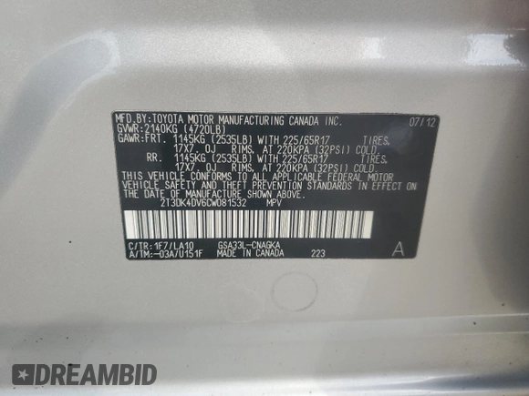 2012 Toyota RAV4 Limited with VIN 2T3DK4DV6CW081532, listed as a Copart auction lot 48704485 with 290,149 mi miles and Salvage Title. Bid and sale history available at carsss.com. Image 13.