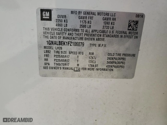 2015 Chevrolet Equinox LT with VIN 1GNALBEK1FZ106079, listed as a Copart auction lot 52993775 with 192,095 mi miles and Clean Title. Bid and sale history available at carsss.com. Image 13.