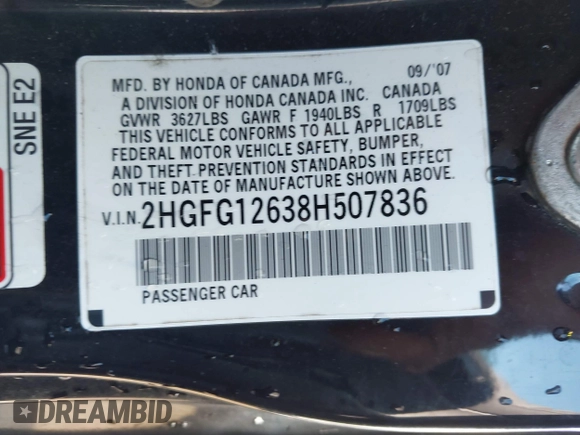 2008 Honda Civic Cpe LX with VIN 2HGFG12638H507836, listed as a IAAI auction lot 41811093 with 1 mi miles. Bid and sale history available at carsss.com. Image 9.