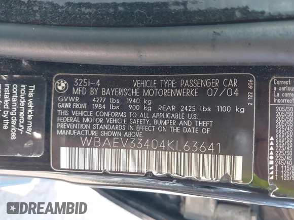 2004 BMW 3 Series 325i with VIN WBAEV33404KL63641, listed as a IAAI auction lot 42546413 with 205,775 mi miles and . Bid and sale history available at DreamBid. Image 9.