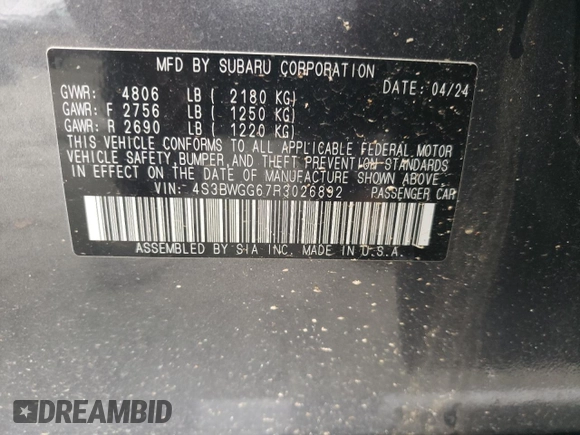 2024 Subaru Legacy Special Sports z VIN 4S3BWGG67R3026892, wystawiony jako Copart lot #81697824 z przebiegiem 7 033 mil mil oraz Szkoda całkowita • Salvage title. Historia ofert i sprzedaży dostępna na DreamBid. Obrazek 13.
