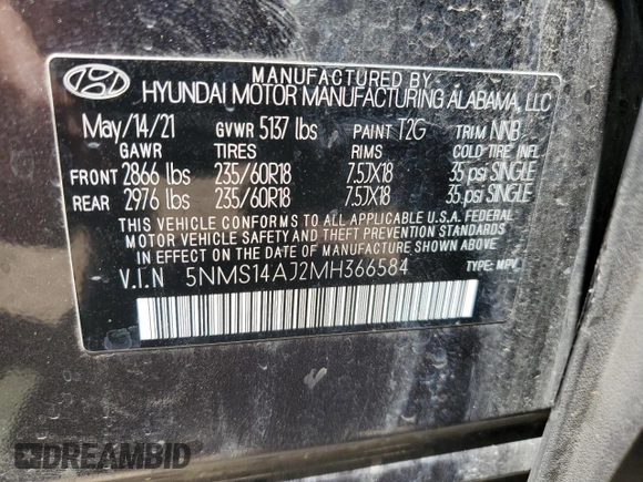 2021 Hyundai Santa Fe SE with VIN 5NMS14AJ2MH366584, listed as a Copart auction lot 57144915 with 62,613 mi miles and Salvage title. Bid and sale history available at DreamBid. Image 13.
