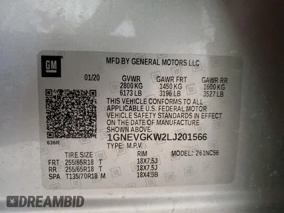 2020 Chevrolet Traverse LT Cloth с VIN 1GNEVGKW2LJ201566, выставлен на аукционе Copart как лот 55204435 с пробегом 85 944 миль миль и На запчасти • Non repairable. История ставок и продаж доступна на DreamBid. Изображение 14.