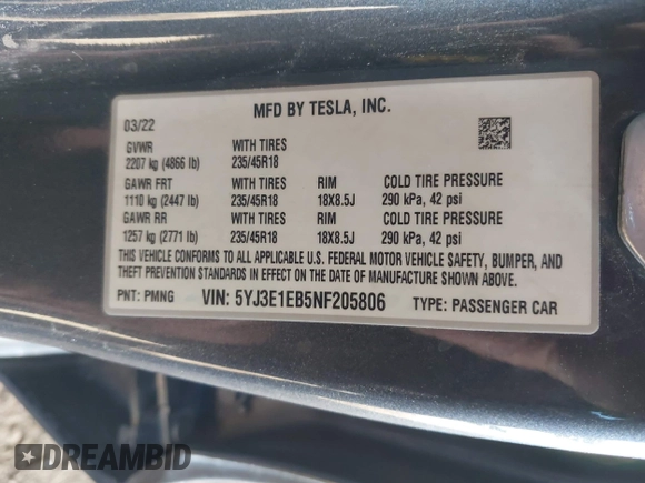 2022 Tesla Model 3 Long Range z VIN 5YJ3E1EB5NF205806, wystawiony jako IAAI lot #42063489 z przebiegiem 63 307 mil mil oraz . Historia ofert i sprzedaży dostępna na DreamBid. Obrazek 9.
