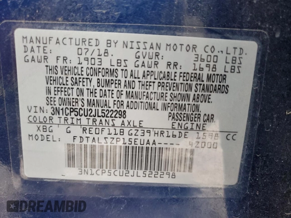 2018 Nissan Kicks S with VIN 3N1CP5CU2JL522298, listed as a Copart auction lot 55402225 with 99,563 mi miles and Salvage title. Bid and sale history available at DreamBid. Image 13.