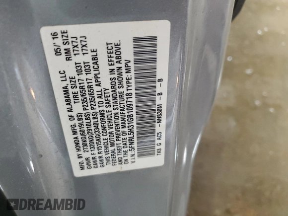 2016 Honda Odyssey SE with VIN 5FNRL5H31GB109718, listed as a Copart auction lot 54689915 with 48,933 mi miles and Salvage Title. Bid and sale history available at DreamBid. Image 13.
